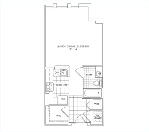 Floor plan for studio, 1 bath, 566 sqft